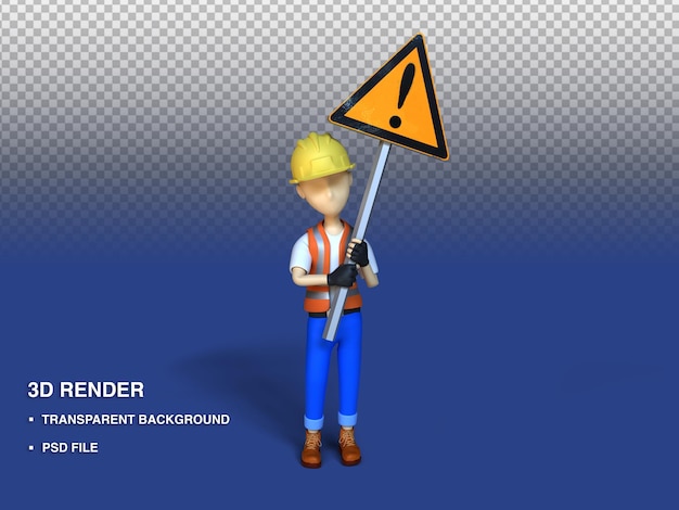 PSD 3d render illustration construction holding a warning sign, psd file