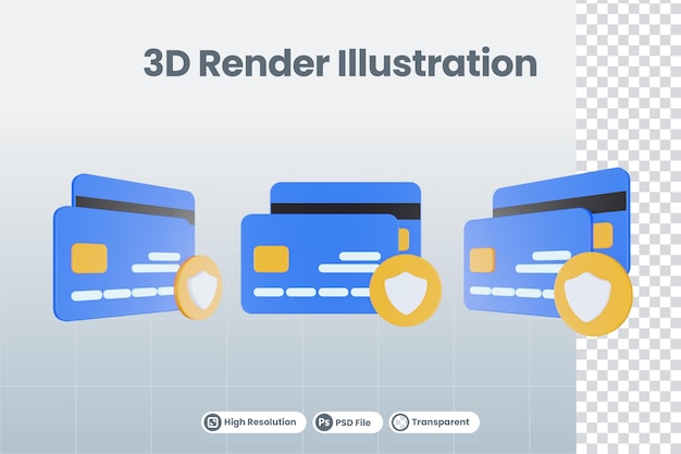 Illustrazione del rendering 3d carta di credito con icona di protezione sicura isolata