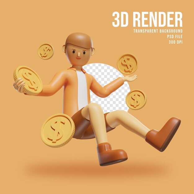 3dレンダリングイラストかわいいキャラクター1ドル硬貨