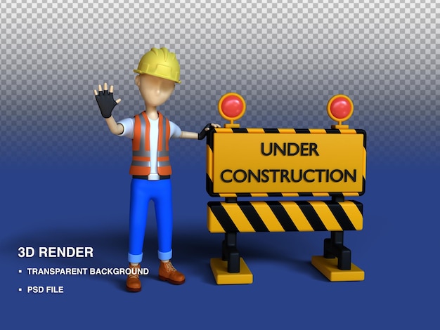 3d render illustration cute character worker and under construction sign psd file