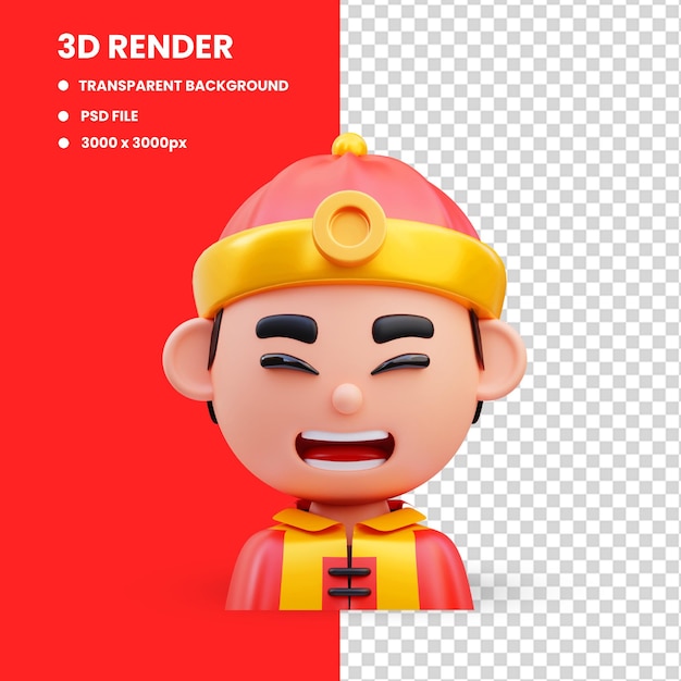 PSD 3d render illustration of cute male avatar icon wearing typical chinese hat, chinese new year
