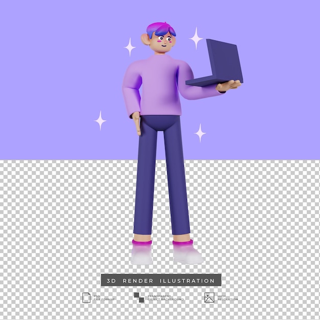 3d render illustration cute male cartoon character with laptop