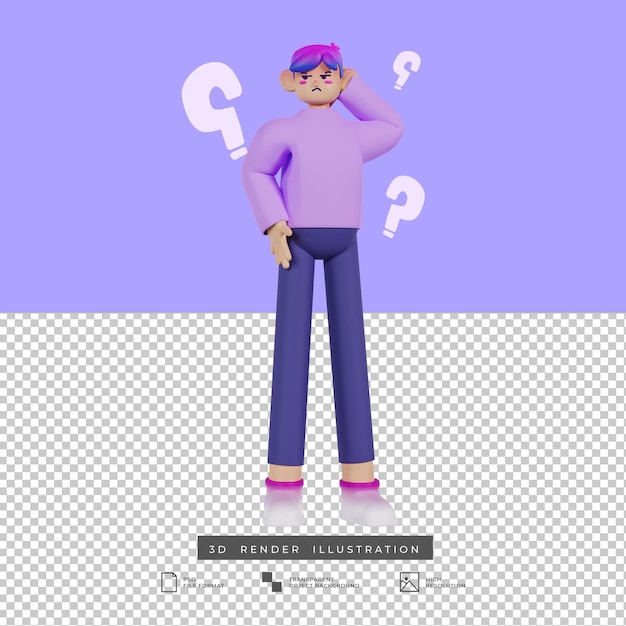 PSD 3d render illustration cute male confused pose cartoon character with question mark