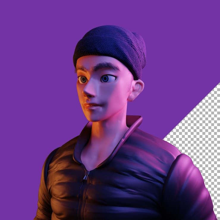 PSD 3d render illustration cyberpunk man wearing beanie with buble jacket in cartoon