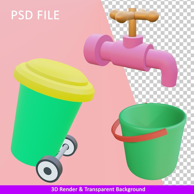 PSD illustrazione di rendering 3d faucetbucket e trush