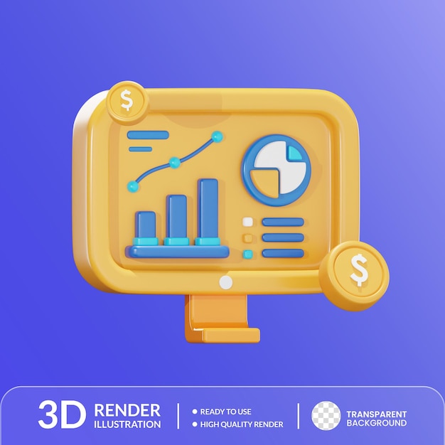 ビジネスアナリティクスのためのグラフとチャートの金融ダッシュボードアイコンの3Dレンダリングイラスト