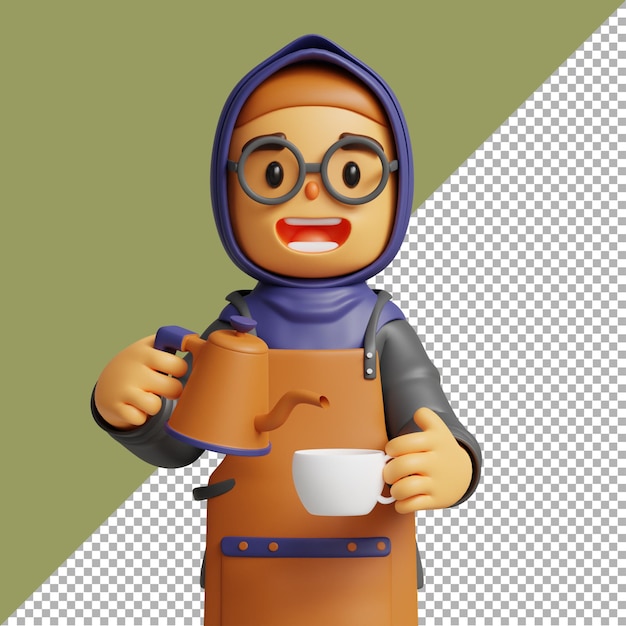 3D render illustration hijab woman barista cartoon