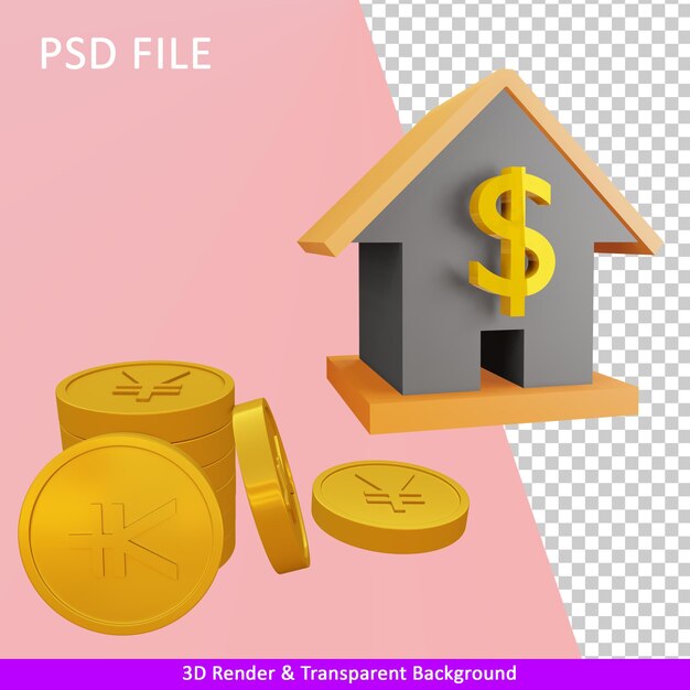 PSD 3d rendering illustrazione casa e monete