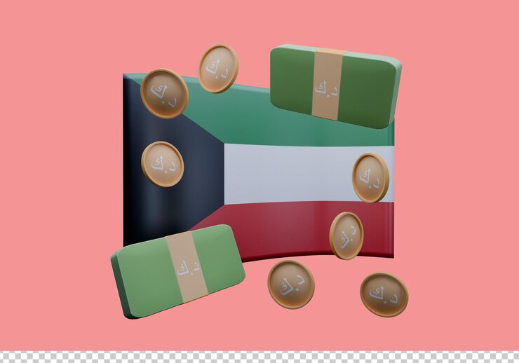 PSD 3d render illustration of kuwait flag and currency called dinar