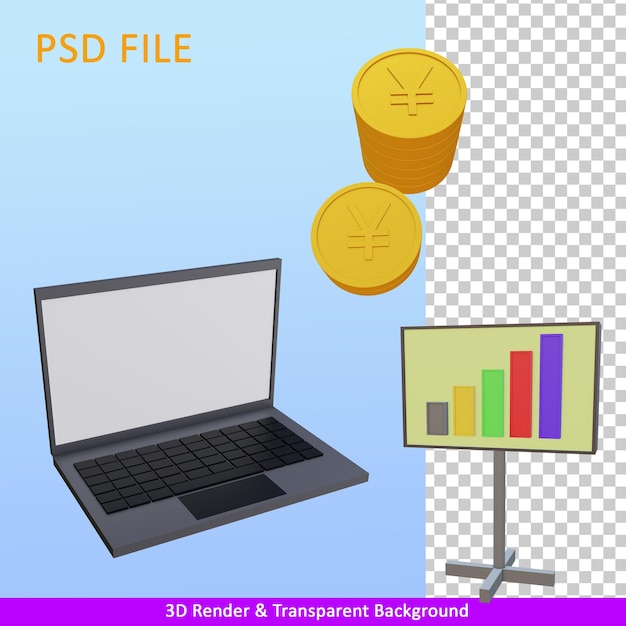 3d render illustration laptop with monitor and coin
