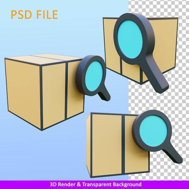 3d render illustration magnifying glass and package