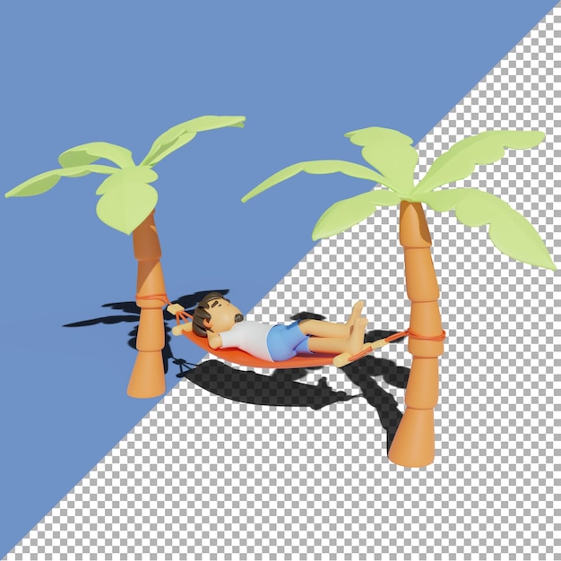 PSD 3d render illustration man on hammock cartoon with coconut tree