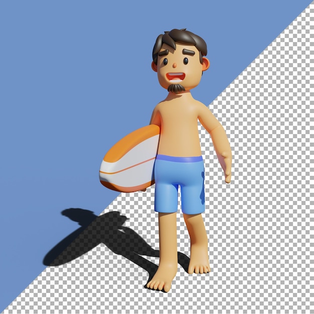 PSD illustrazione di rendering 3d uomo con cartone animato di tavola da surf