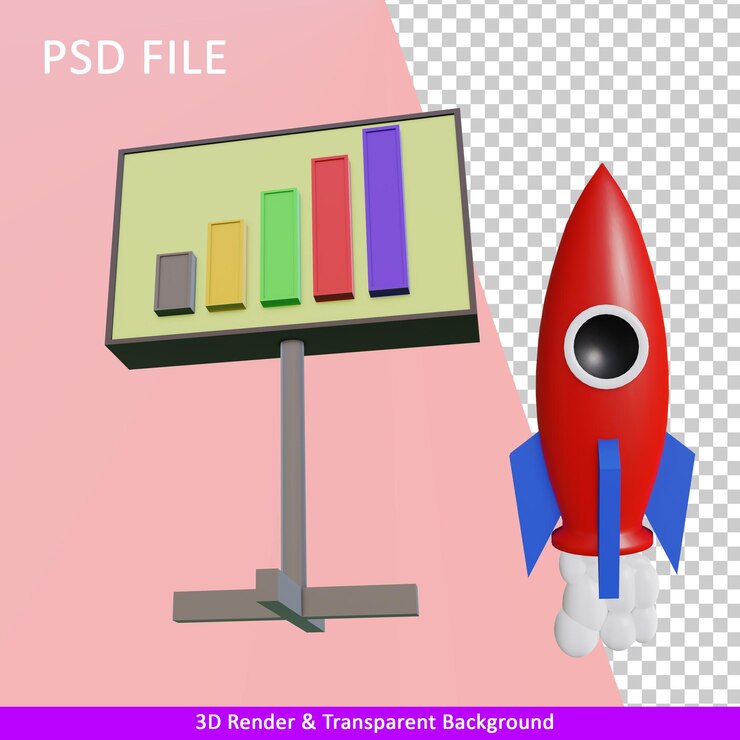 PSD 3d render illustration monitor and rocket