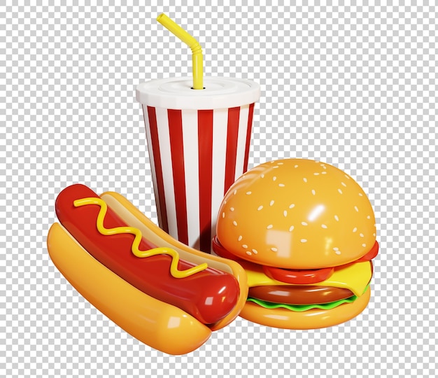 3d render illustration of fast food hamburger hot dog and soft drink isolated