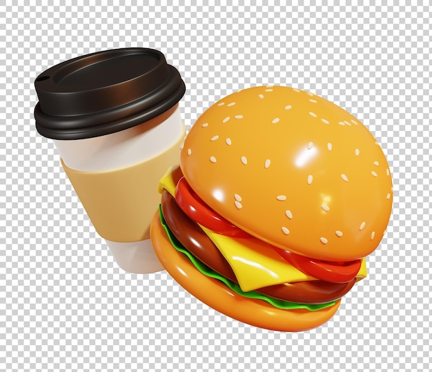 PSD ハンバーガーと分離された一杯のコーヒーの3dレンダリングイラスト