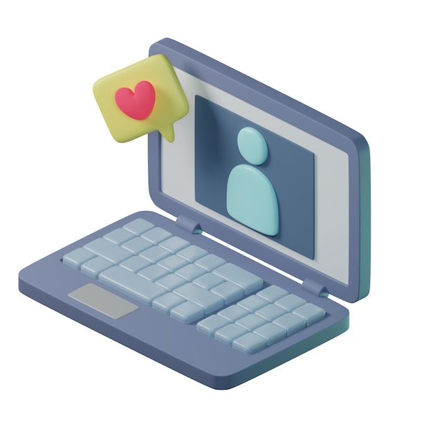 3D Render Illustration of laptop with human avatar on screen and speech bubble with heart Cartoon S