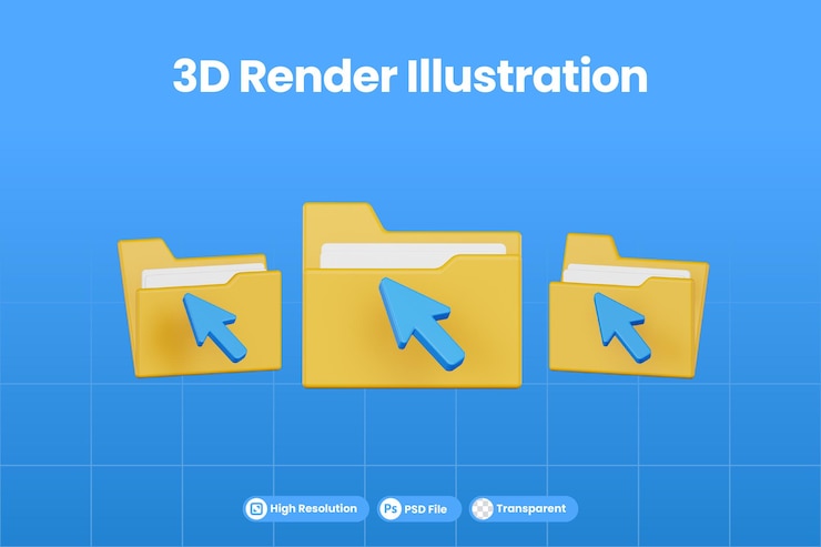 PSD 3d render illustration orange folder with click icon premium psd