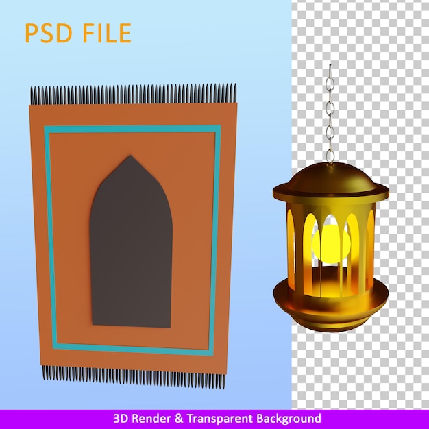 3d render illustration prayer rugs and lanterns