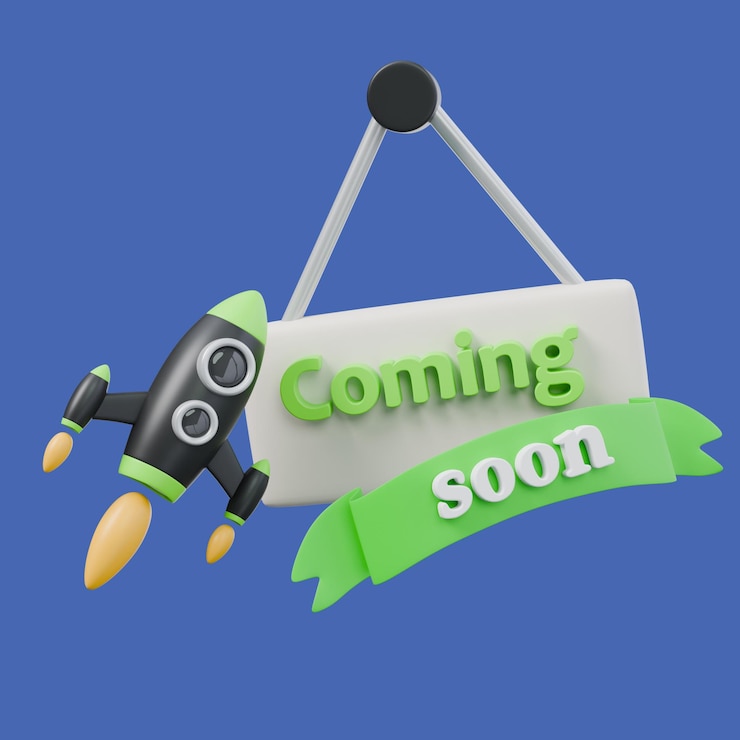 PSD 3d render illustration of rocket in black and green colors and coming soon sign launch start up an