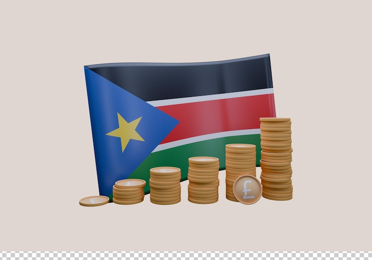 PSD 3d render illustration of south sudan flag and currency called ss pound