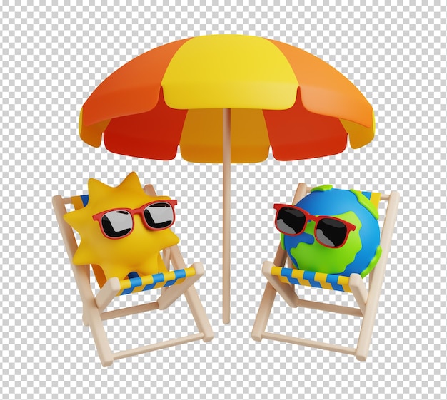 3d render illustration of Sun and Earth wearing sunglasses lying on beach chair isolated Travel icon