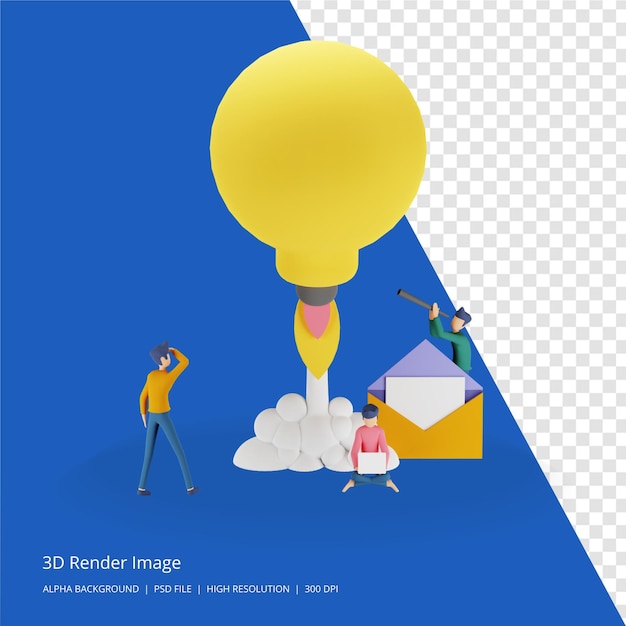 3D render illustration of teamwork business brainstorming Idea concept with big yellow light bulb lamp, tiny people character.