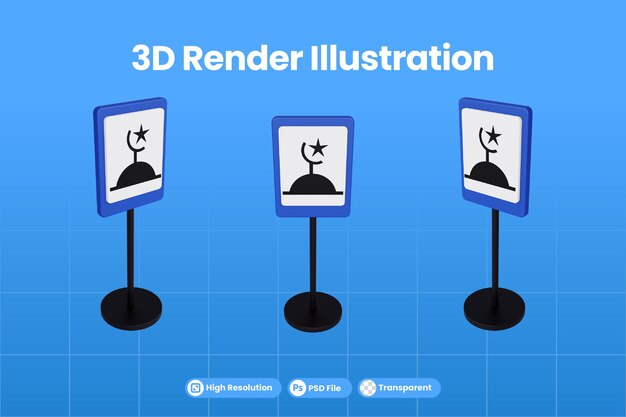 3d rendering illustrazione segnali stradali della moschea