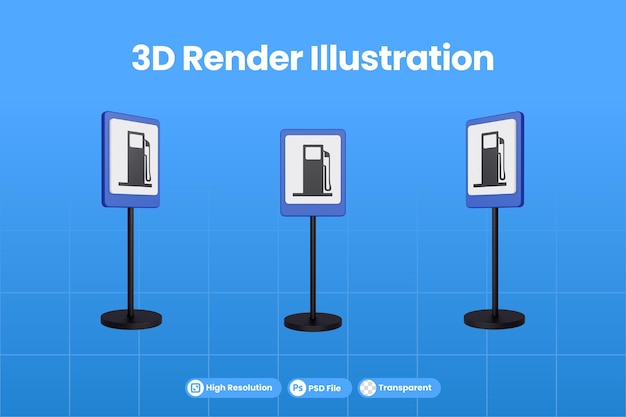 ガソリンスタンドの3dレンダリングイラスト交通標識