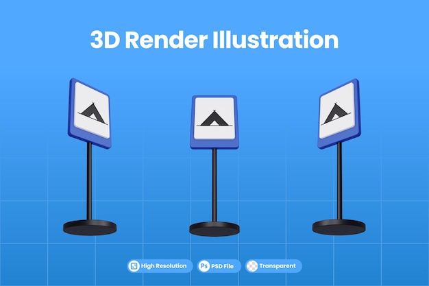 PSD テントキャンプの3dレンダリングイラスト交通標識