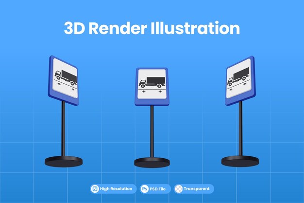 PSD 트럭 역의 3d 렌더링 그림 교통 표지판
