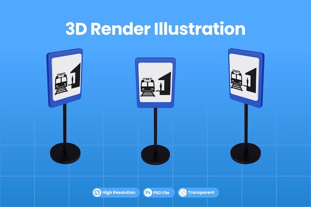 3d rendering illustrazione segnali stradali della stazione ferroviaria