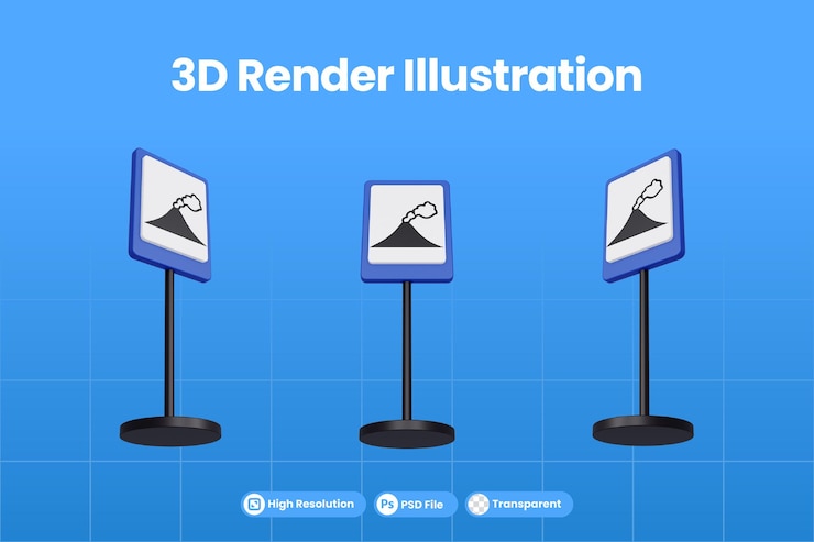 PSD 3d 顯示火山噴發疏散路線的交通標誌