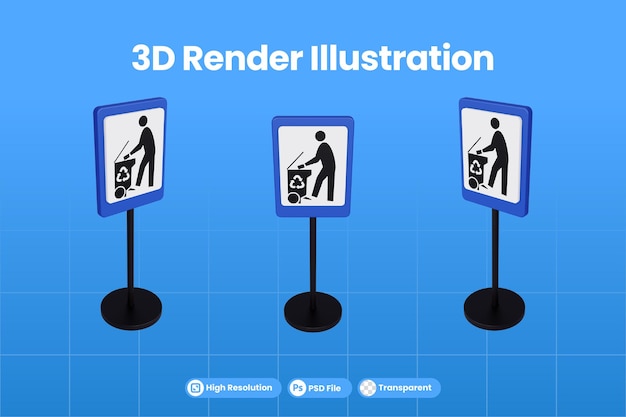 PSD illustrazione di rendering 3d segnali stradali di smaltimento dei rifiuti