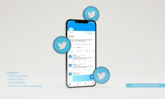 3d rendering illustrazione icona twitter mockup del telefono cellulare