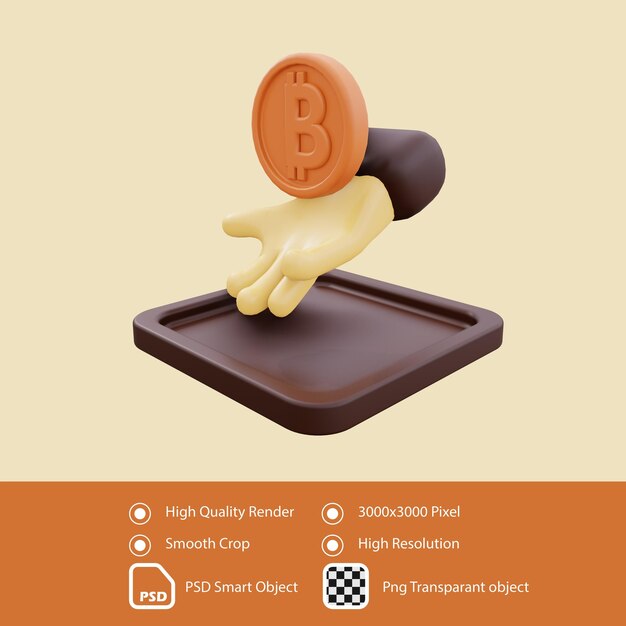 3d render ilustracja ręka trzymająca bitcoin