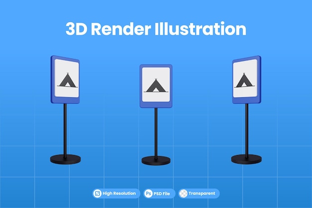 PSD 3d render ilustracja znaki drogowe obozu namiotowego