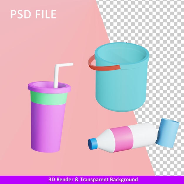 PSD 3d render ilustration бутылки, ведра и стаканы для питья