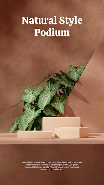 PSD immagine di rendering 3d mockup vuoto terrazzo marrone podio in verticale pianta a foglia verde e parete testurizzata