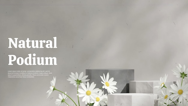 3d render image blank mockup gray podium in landscape with white flower