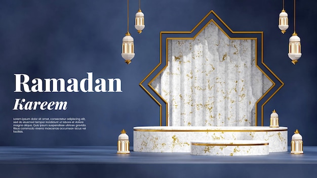 PSD 3d render image empty scene white marble podium in landscape arabian lamp ramadan kareem theme