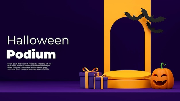 3d render image mockup of yellow podium in landscape with jack o lantern, gift box, and bat