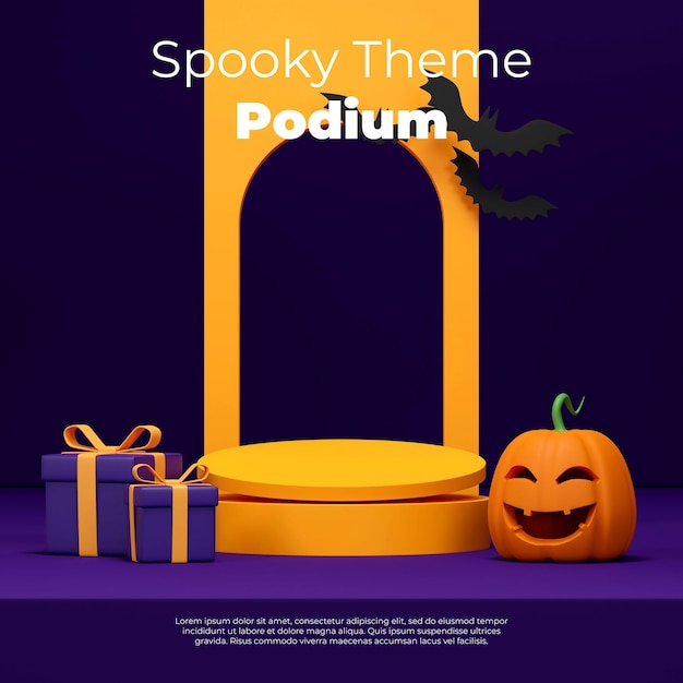 Mockup di immagine di rendering 3d del podio giallo in piazza con jack o lantern, confezione regalo e pipistrello