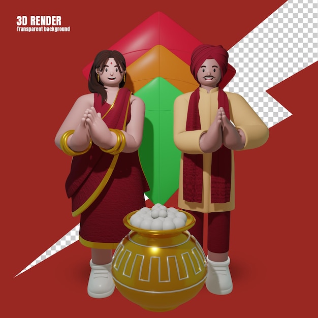 PSD 3d render indian character celebrating makar sankranti