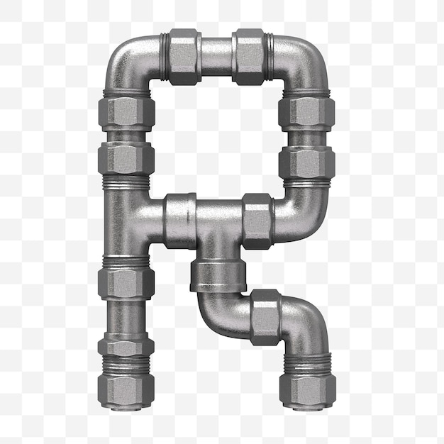 PSD 3d render of industrial alphabet letter r made of iron water pipe isolated