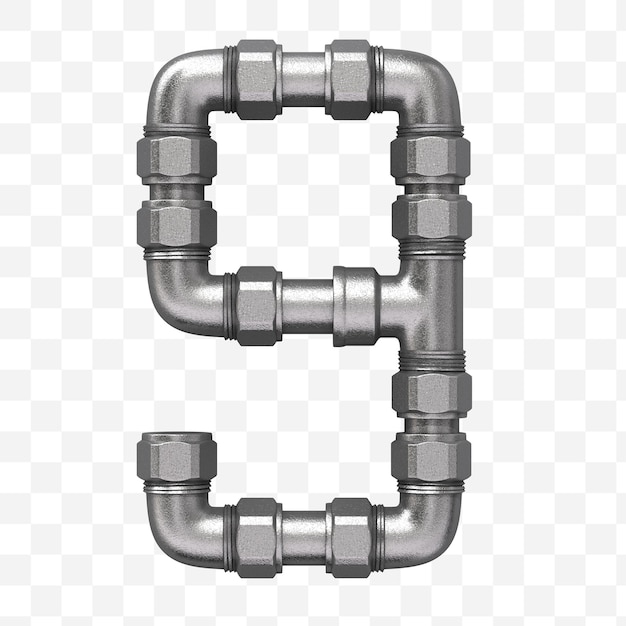 PSD 3d render of industrial alphabet number 9 made of iron water pipe isolated