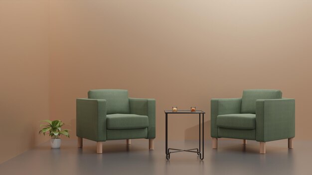 3d render interior with sofa in living room with empty brown wall background