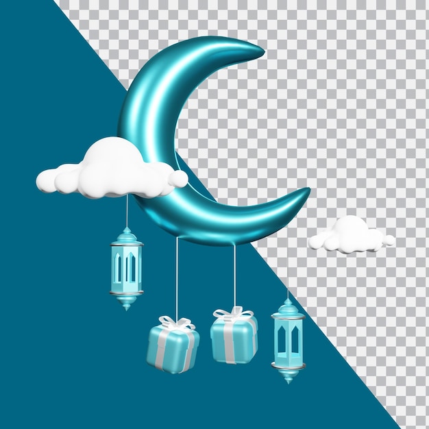 3d render islamic ornament blue moon and lantern