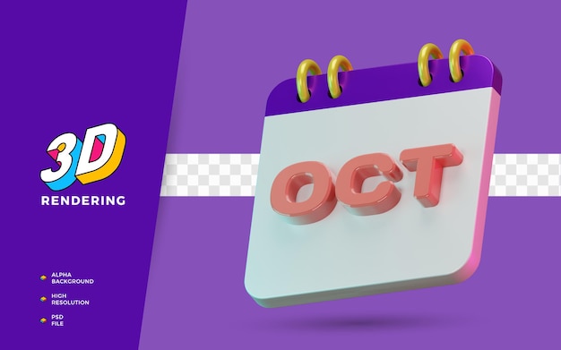 3d render isolated symbol of calendar october months for daily reminder or planning