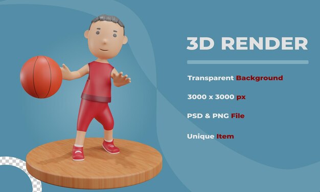 PSD 3d render jongen die bal basketbal passeert